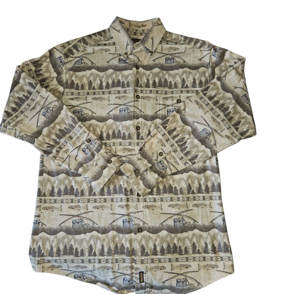 Woolrich John Rich And Bros Flannel Shirt Mens M All Over Print Fly Fishing Fish